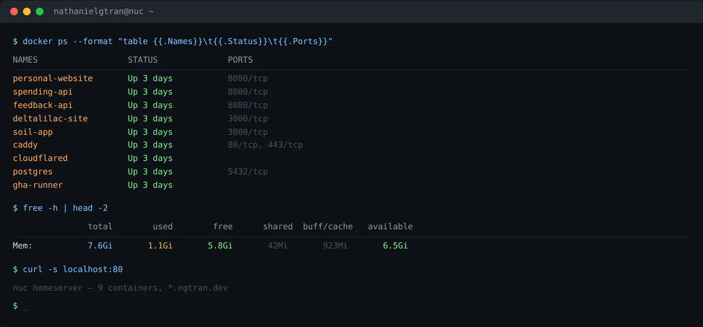 NUC terminal showing 9 running Docker containers, memory usage, and homeserver status